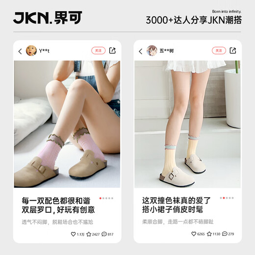 JKN花边袜子女夏季中筒袜【木耳边撞色】网眼透气堆堆袜粉色甜美长袜