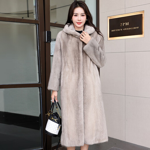 Winter Home Brand Fur 2025 New Imported Mink Coat Women's Full Mink Over Knee Long Hooded Mink Fur Jacket Silver Blue 2XL 140Jin[Jin equals 0.5 kg]-160Jin[Jin equals 0.5 kg]