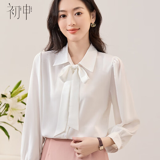 Chushen long-sleeved shirt, feminine lapel bow design, professional business commuting casual white shirt S13KC2990