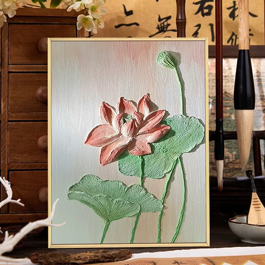 中国风荷花肌理画石英砂diy手工绘全套材料包中式装饰画数字油画 qx12625肌理画送全套材料包 30*40cm加厚实木内框