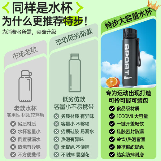 XTEP sports water cup large capacity for students and children going to school special for men and women fitness portable pot high temperature resistant summer cup black