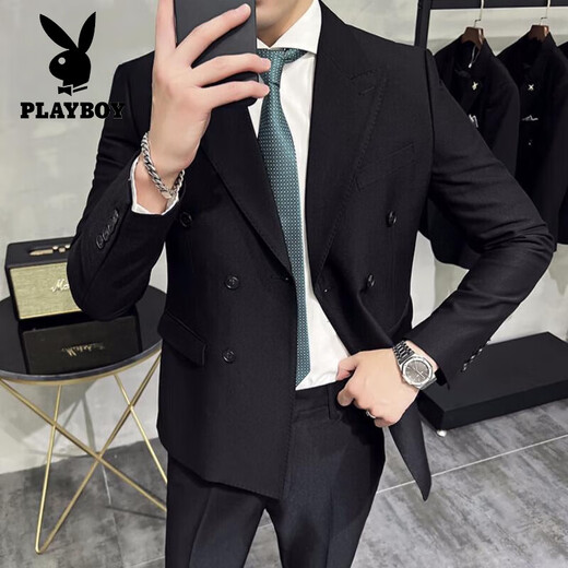 Playboy (PLAYBOY) high-end double-breasted peaked lapel suit men's wedding Korean version slim British style casual small suit jacket navy blue jacket + pants 4XL (163-175Jin Jin equals 0.5 kg)
