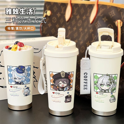 Kachi Muning 2D Genshin Impact Thermos Cup Nasida Stainless Steel Straw Outdoor Sports Portable Water Cup Men and Women Students Double Drink BXAB15940 Princess Stainless Steel Inner Boat-520ML with Lanyard