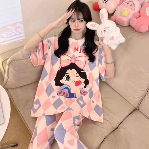 
Junjunsui Dimei pajamas for women in summer 2025 new pure cotton short-sleeved trousers large size cartoon cute student summer home clothing short-length-KAY-88557 L (recommended 90-110Jin [Jin equals 0.5 kg])