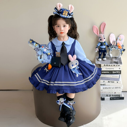 Dan Bird King Girls Judy Rabbit Police Officer Princess Dress Spring and Autumn Children's College Style Dress COS Clothing Girls Lolita Blue Dress + Tie 110 Codes