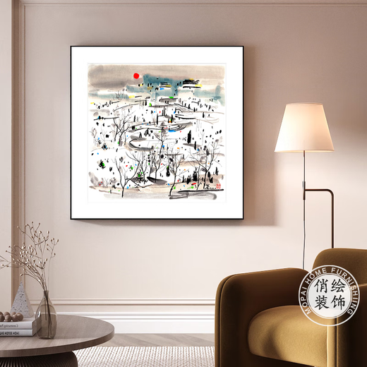 Qiao painted Wu Guanzhong Yingri lotus new Chinese style ink simple Chinese painting corridor bedroom living room entrance hall painting restaurant decoration painting 4 lotus 120*120cm hand-painted oil painting + aluminum alloy frame