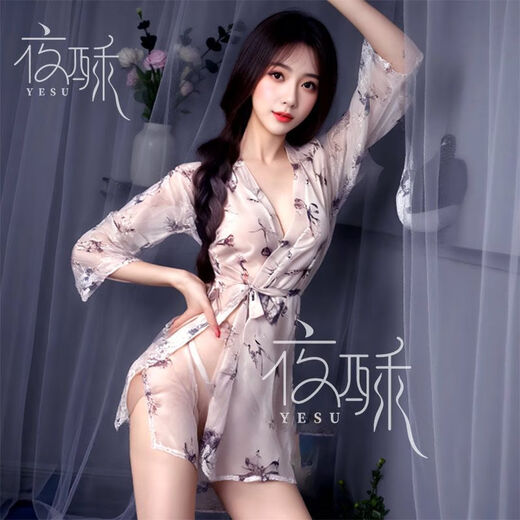 夜酥性感蝴蝶印花透视系带深V开襟和服睡袍睡衣6227 古印花外袍 均码