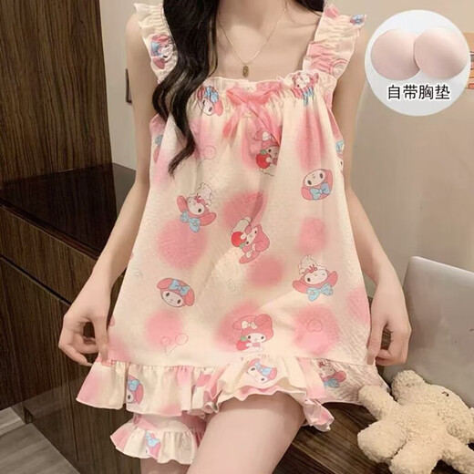 网红温柔甜美风吊带睡衣女夏季新款时尚洋气吊带短裤家居服套装 【自带胸垫】R691 M  推荐80-100斤