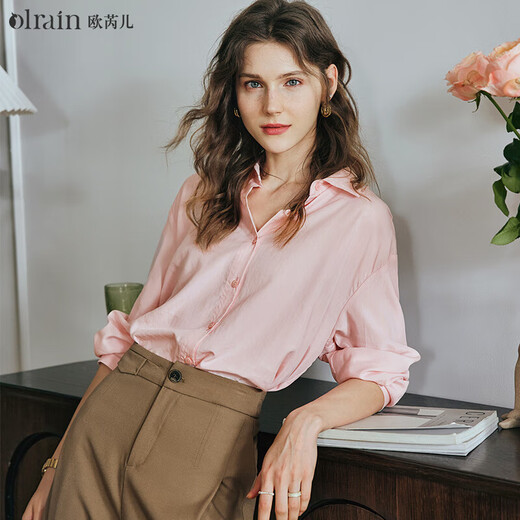 Olrain long-sleeved shirt women's spring and autumn loose commuting tops pink XL