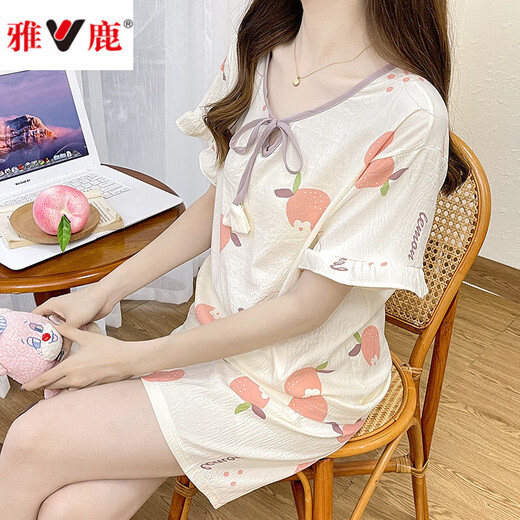 雅鹿睡衣女夏款轻奢少女卡通云朵棉套头款宽松学生家居服套装可外穿 杏色4 844#LVOE 熊双短 2XL 140-160斤