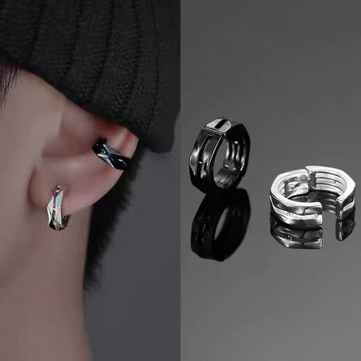 Miao Yijia men's ear clips without piercing boys' earrings black ear studs trendy niche handsome high-end silver earrings accessories double layer three-dimensional ear clips 1 silver 1 black one pair