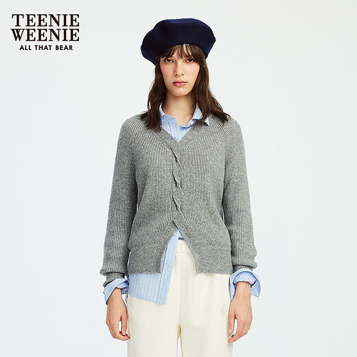 Teenie Weenie Bear Women's Pull 2025 automne nouveau Retro Retro Fashion Temperament Cable V-Neck Top Gray M