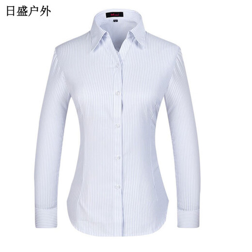 何佳功建行工作服女式正装领白底蓝色竖条纹短袖衬衫方领修身银行工作服 3882女V领修身浅兰斜纹短袖 46