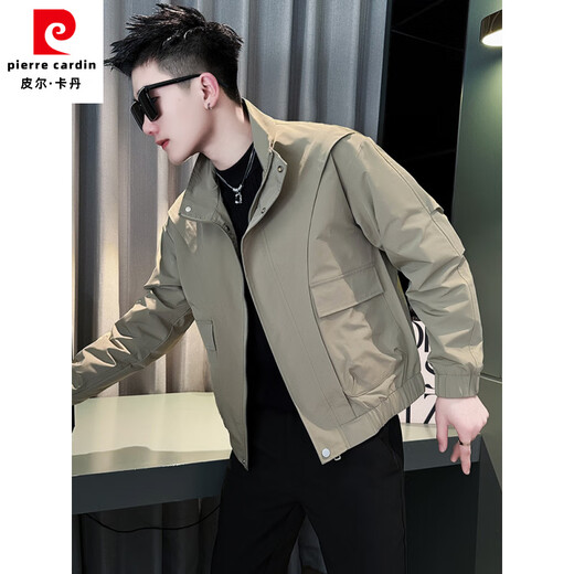 Pierre Cardin Spring and Autumn Casual Jacket Men's Handsome Versatile Workwear Short Jacket 2025 New Men's Stand Collar Autumn Top Khaki XL Recommended 135-145 Jin Jin equals 0.5 kg