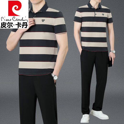 皮尔卡丹（pierre cardin）爸爸夏装男士运动服套装中老年休闲条纹纯棉短袖t恤Polo衫 雾蓝（短 袖+长裤）KDK9763 M (建议100-120斤)
