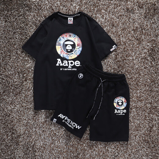Camiseta de cuello redondo de algodón de algodón puro de AAPE Camuflage Ape Man Pure Algodón para hombres y mujeres Summer Summer Shorts Funds Funds Set de dos piezas Traje negro 21 (535 mangas cortas + 829 pantalones cortos) M 80Jin [Jin iguala 0.5 kg] ~ 120Jin [Jin equivale a 0.5 kg]