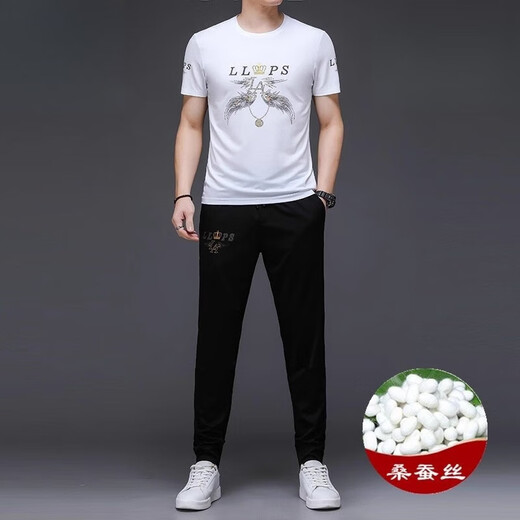 JEEP SPIRIT casual suit men's summer short-sleeved mulberry silkworm ice silk handsome match with Korean style fashion print trend 9227 black M 165