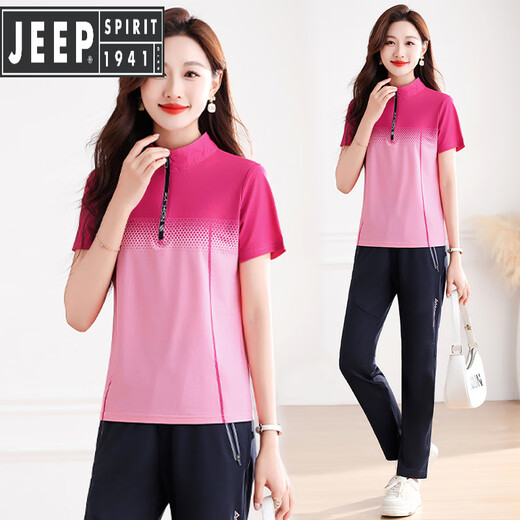 Jeep Spirit Outdoor Sportswear-Anzug für Frauen Sommer Joggen 2025 Neues lässiges Eis Seiden Schnelltrocknen Morgen Jogging-Anzug Zwei-teiliger Blue-Prince Blue Hosen L (95-110 Gewicht)