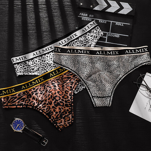 Bayuncao men's leopard print thong sexy underwear sports fitness markless low waist ice silk briefs cotton crotch convex T-pants Yellow Leopard XXL weight 145-170Jin [Jin equals 0.5 kg]