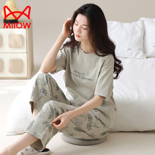 猫人（MiiOW）睡衣女夏季纯棉短袖长裤薄款全棉夏天女士家居服套装春秋季 YZT9721 短.袖长.裤 主图款 M 80-100斤