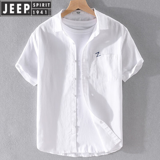 
JEEP SPIRIT men's linen lapel short-sleeved T-shirt loose shirt collar tops with collar T-shirt linen T-shirt linen summer suit 9711 blue dark color. XL