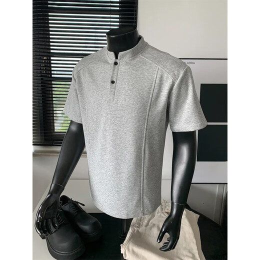 Wu Nan stand-up collar short-sleeved polo shirt T-shirt men's summer deconstruction splicing Henry neck American shoulder student heavy half-sleeved black XL