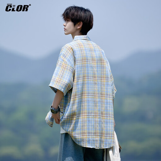 CLOR plaid short-sleeved shirt men's summer ins loose casual shirt American retro jacket CLCX10 yellow XL