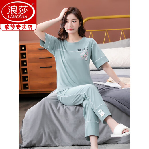 浪莎纯棉睡衣女夏季2025年新款短袖长裤家居服套装可外穿薄款全棉套装 7374豆绿 M 80-100斤