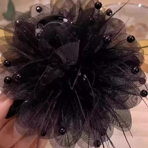 Suyi embroidered peony flower tassel grab clip for women 2024 new style shark clip feather hairpin headdress on the back of the head showing hair volume black 13CM