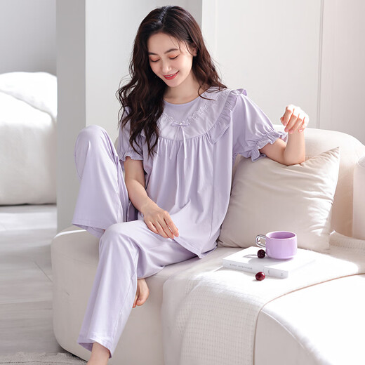 MUJI COM unmarked muji pajamas for women in summer pure cotton short-sleeved trousers can be worn on the outside simple loose large-size home clothing set Z691 taro purple L Recommended 100-120 Jin [Jin equals 0.5 kg]