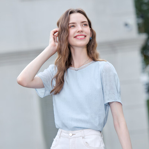 Baitu betu women's clothing 2025 summer new T-shirt wrinkled woven short-sleeved front shoulder slim commuter top for women 2507T59 blue M
