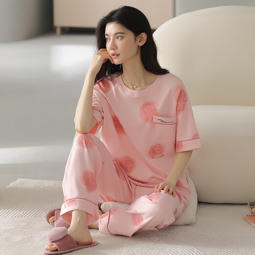 爱慕玫贵睡衣女夏季纯棉短袖长裤薄款全棉夏天女士家居服套装春秋季 YZT9712主图款 短袖长裤 M 80-100斤