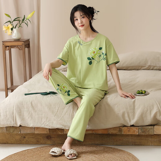 2025年新款棉睡衣女夏短袖套国风可爱夏七分裤卡通休闲家居服 9904 2XL 【140-160斤】