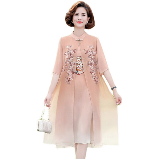 Piercadan Fat Mom Summer Cheongsam Dress Summer Chiffon Skirt Large Size 2025 New Middle-aged Women's Summer Temperament 6628 Lotus Color 6XL Recommended 160-0Jin [Jin equals 0.5 kg]