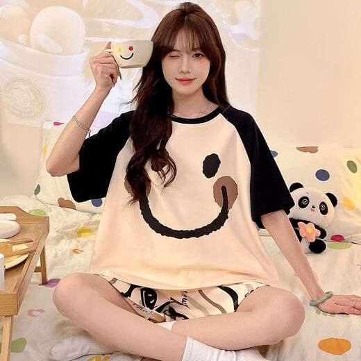 趣依瑶线条小狗短袖睡衣女夏加肥加大码少女可爱卡通圆领家居服套装便宜 693黑笑脸【单套】 M 码建议【7095斤】