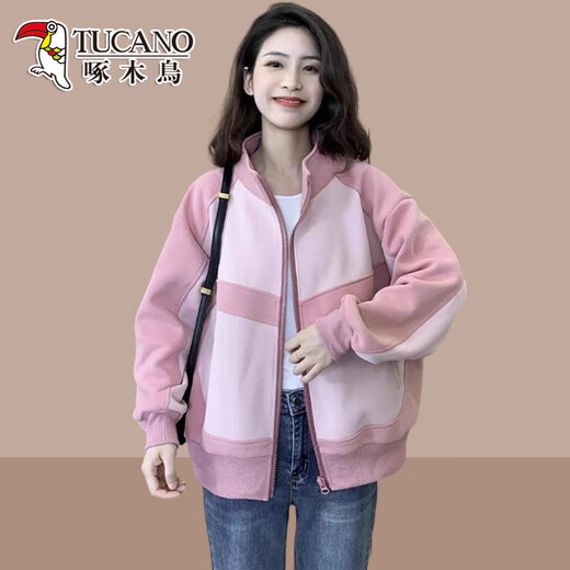 啄木鸟拼色棒球服外套女装2025春秋新款宽松卫衣开衫小个子夹克上衣 黑色 M (建议100斤以内)