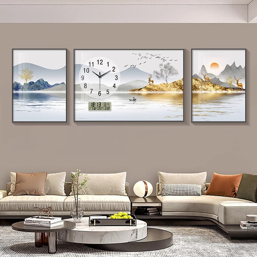 Zeichnen der Stadt moderne einfache Wohnzimmerdekoration mit Uhr Atmosphärische Fulu Landschaft Sofa Hintergrund Wandtriptychon Wanduhr ZP1283 + ZP1284 + ZP1285 MIDER 70*50 cm + links und rechts