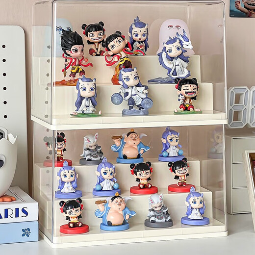 Wei Nezha Figure Display Box Acrylic Transparent Bubble Mart Nezha Two Blind Box Ornament Doll Dustproof Storage Cabinet Cream Color Large Three-Layer Ladder Display Stand No Installation and Ready to Use Out of the Box