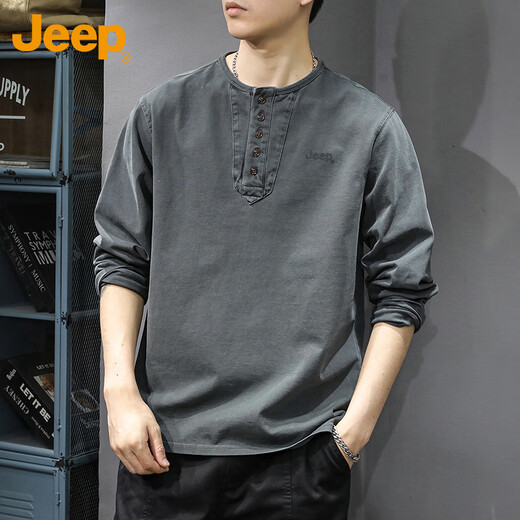 Jeep (JEEP) long-sleeved T-shirt men's spring and autumn trendy brand retro Henry collar cotton bottoming shirt top men's gray 2XL