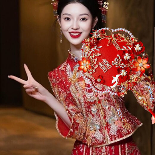 呦依中式双面双圈团扇diy材料包新娘结婚龙凤秀禾服手捧花束 红妆/花成品+礼盒