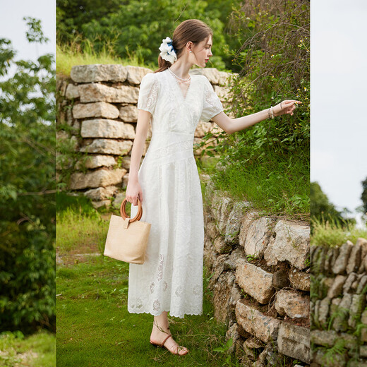 Cierro blanco con cuello en V de encaje empalmado Falda de línea A 2025 Summer NUEVA Temperatura Jacquard Vestido largo con blanco M blanco