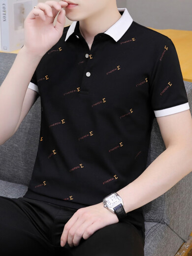 海澜夏季男士短袖翻领polo衫青年休闲半袖印花t恤男装带领子上衣薄款 浅蓝色QY679 M