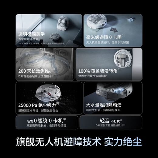 DJI ROMO flagship sweeping robot millimeter-level obstacle avoidance, sweeping and mopping, fully automatic base station, efficient self-cleaning ROMO P transparent flagship version (automatic water supply and drainage) official standard configuration