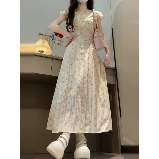 
Cotton French V-neck Floral Dress for Women in Summer 2025 New Design Sense Small Flying Sleeve Waist Slim Long Skirt Off-white L Recommended 108-120Jin [Jin equals 0.5 kg]