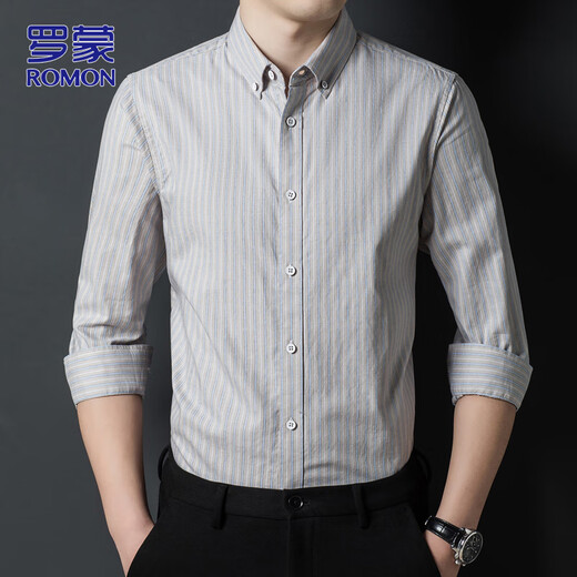 ROMON long-sleeved shirt men's autumn and winter business cotton shirt men's striped business top khaki L