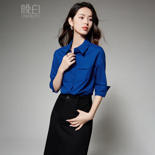 Late White New Product Klein Blue 100% Cotton Shirt Women's 2025 Autumn Commuting Style Mid-Sleeve Top Dark Blue S