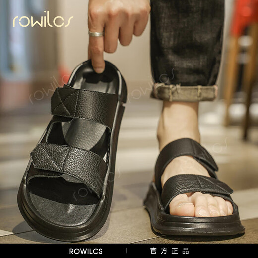 rowilcs品牌高档拖鞋男2025新款夏季户外穿耐磨高端男士沙滩鞋开车凉鞋男 黑色 38