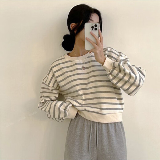 清池影（QINGCHIYING）条纹卫衣女短款2025年新款薄款韩版小众女装宽松春秋冬加绒上衣 9923卫衣 黑色 薄款 M 80-100斤
