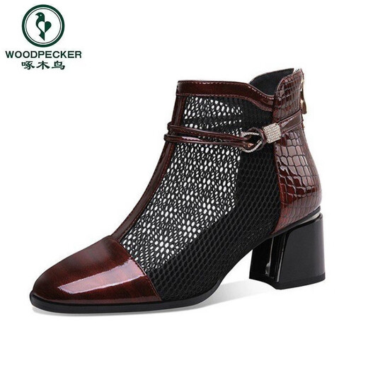 
Woodpecker Martin Boots for women's summer thin 2025 new patent leather hollow short boots thick heel high heel mesh boots genuine leather mesh sandals black 38