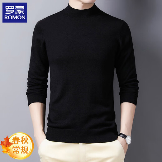 ROMON Knitted Sweater Men's Autumn and Winter Simple Solid Color Thin Sweater Men's Half Turtle Collar Pullover Bottoming Shirt Men's Black XL